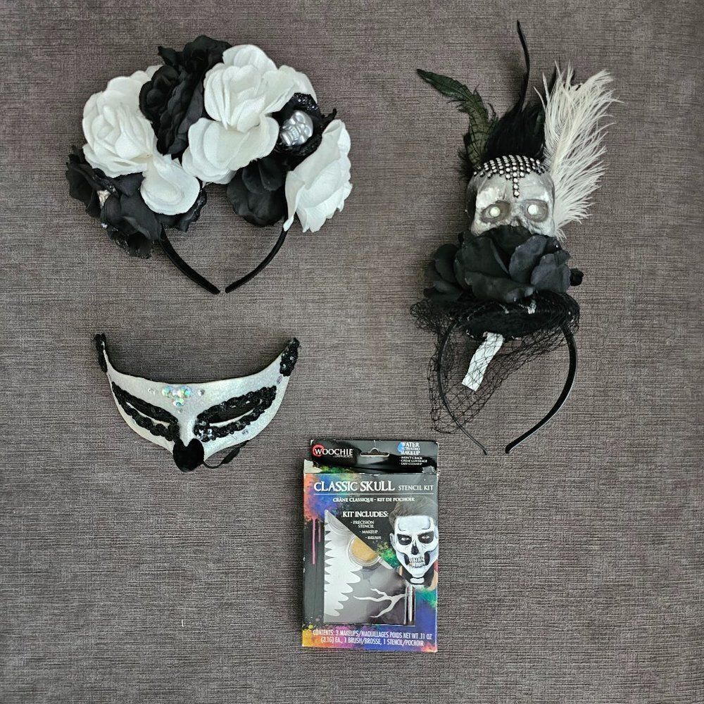 Women's Halloween Costume Skull Headband Veil, Stencil Kit, Eye Mask Pack of 4